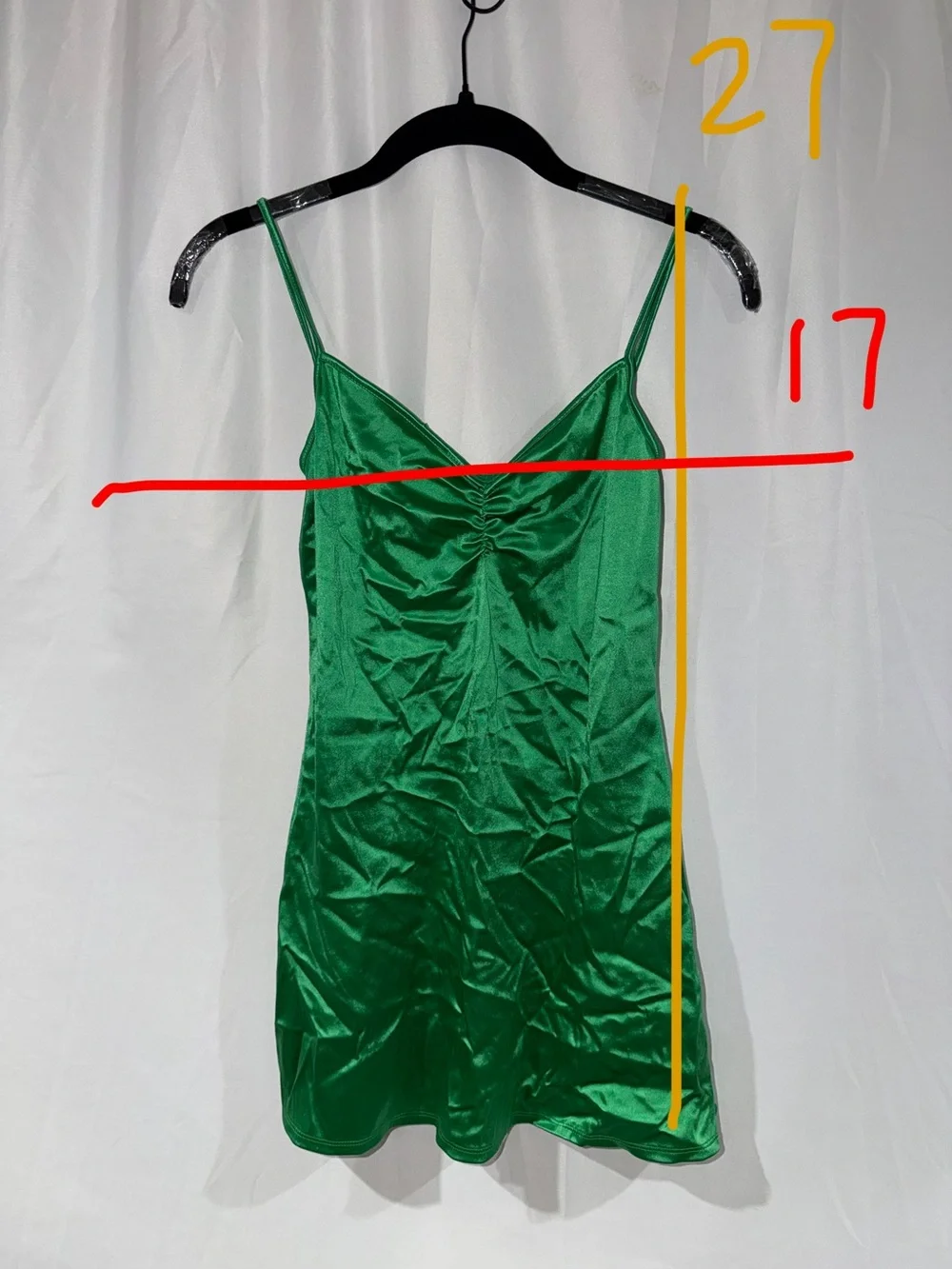 Victoria’s Secret Emerald Dress Green Satin Slip V Neck Ruched Mini Made USA S